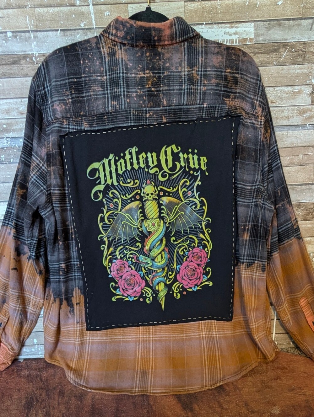 Motley Crue Upcycled Handcrafted Dip Dyed Bleached Flannel Shirt
